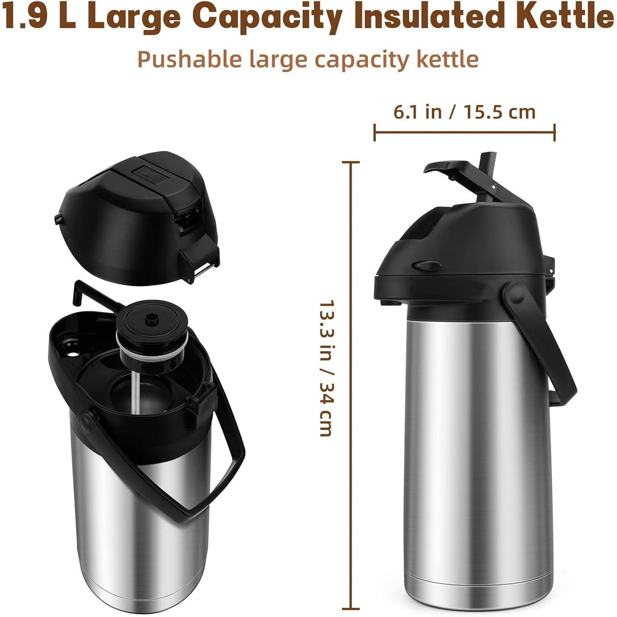 OhhGo Thermal Coffee Carafe with Pump, 64OZ/1.9L Stainless Steel Coffee Dispenser for Keeping Hot - Large Airpot Coffee Thermos, Leakproof Hot Water Beverage Dispenser for Hot Drinks Tea Liquid