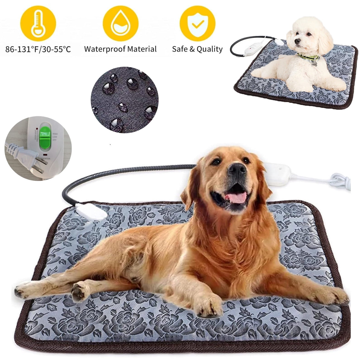 OhhGo Pet Heating Pad Mat, Electric Heating Pad for Dogs and Cats, Adjustable Heated Cat Bed Waterproof Smart Thermostat Switch, Puppy Whelping Warm Pads Blanket, Gray, 18x18 in