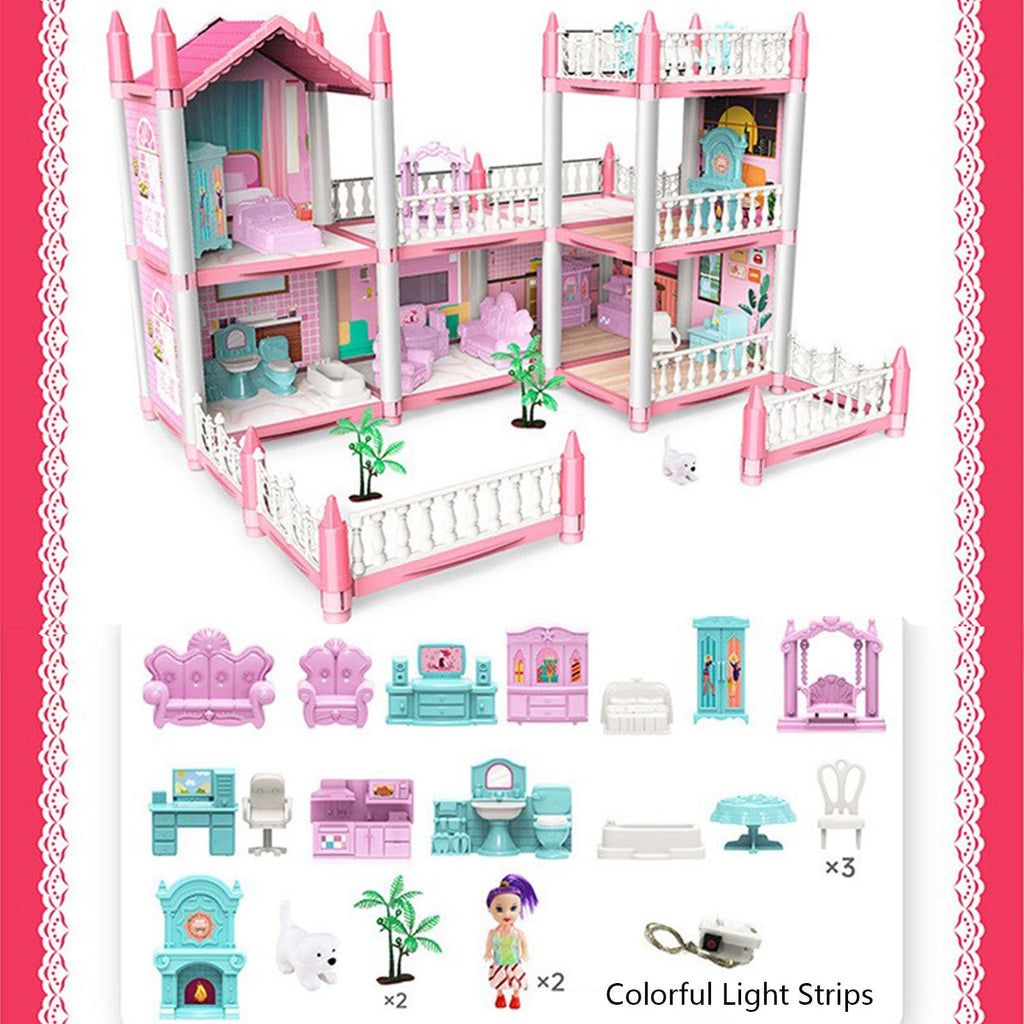 Haokaini Dollhouse with 2 Story 6 Rooms, DIY Pretend Play Building Playset, Kids Playhouse Asseccories and Furniture with LED Light, Dream Gift Princess Doll House Toy for 3 4 5 6 7 8 9 Girls Gift, Pink