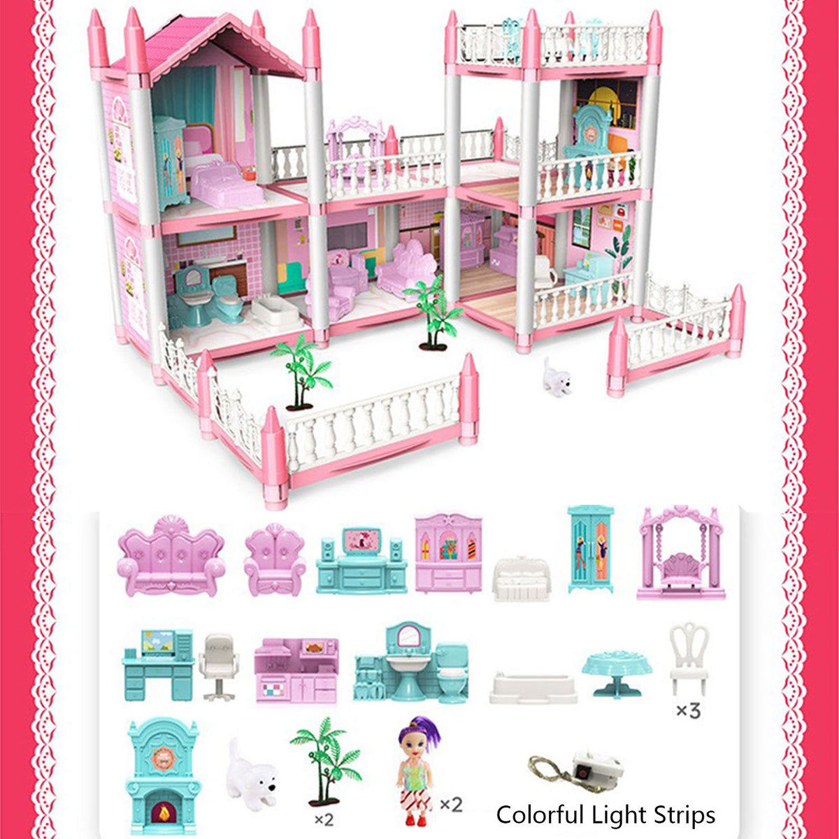 Haokaini Dollhouse with 2 Story 6 Rooms, DIY Pretend Play Building Playset, Kids Playhouse Asseccories and Furniture with LED Light, Dream Gift Princess Doll House Toy for 3 4 5 6 7 8 9 Girls Gift, Pink