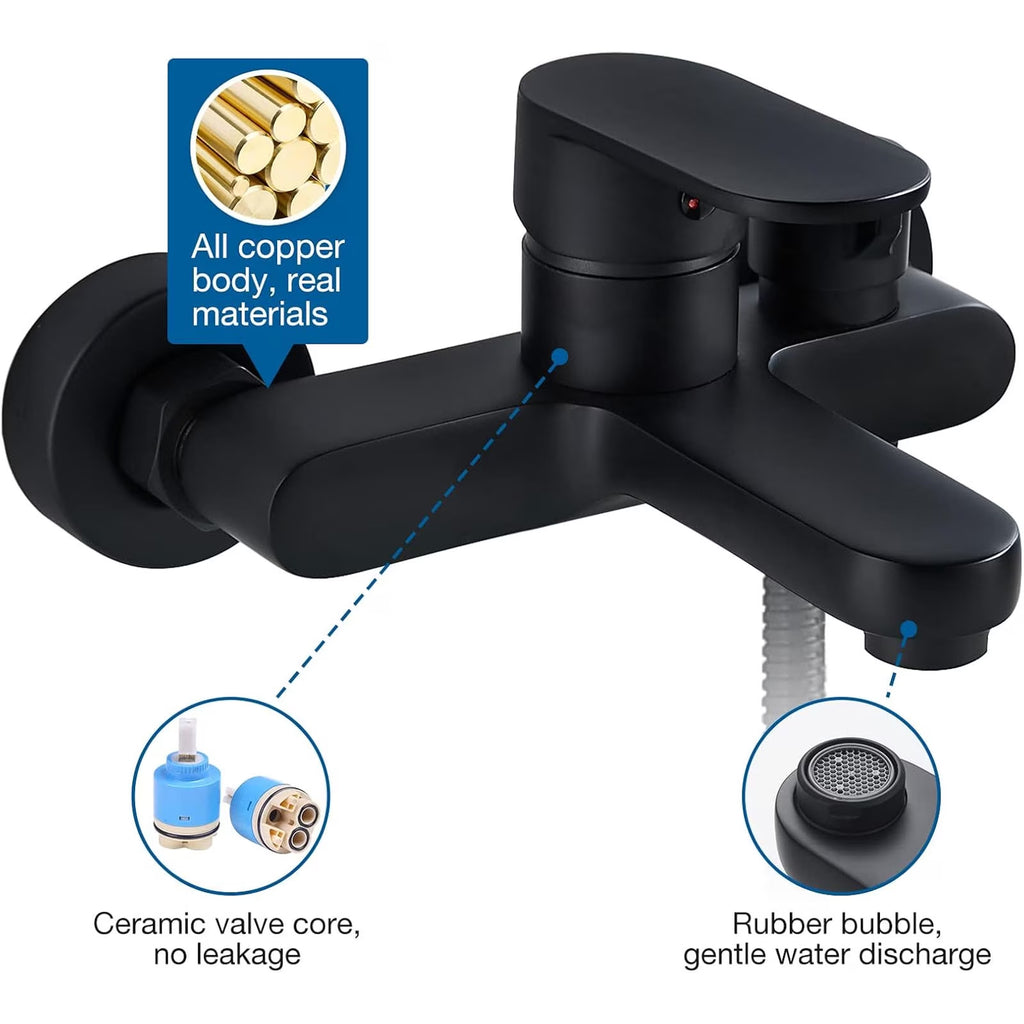 Diceevil Matte Black Bathtub Faucet with Hand Shower Sprayer, Single Handle Shower Mixer Tap with 1.5m Hose, Center Bathroom Tub Faucet, Bathtub Mixer Tap with Shower Head 3 Functions, Bath Fittings Set