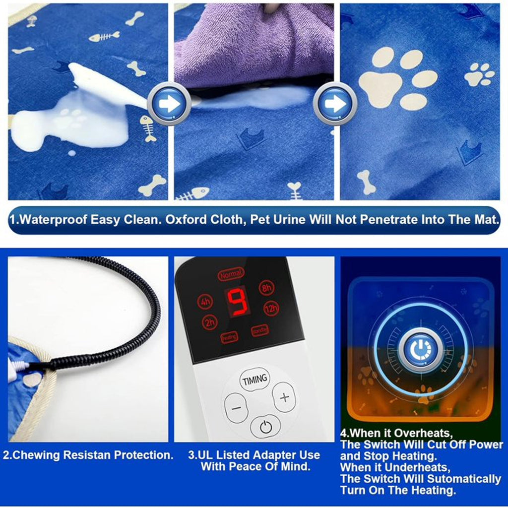 Haokaini Pet Heating Pad, Heated Cat Dog Bed Mat, Waterproof Adjustable Temperature Timed Heated Puppy Bed Pads with Chew Resistant Cord, Reusable Kitty Mats for Dogs Cats Small Animals