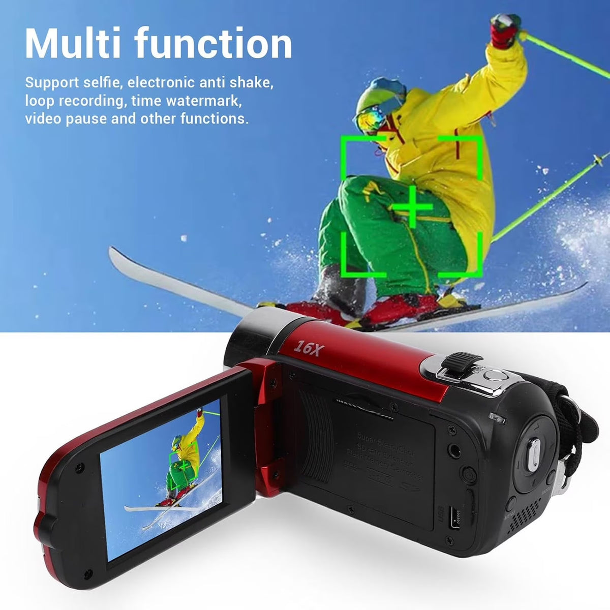 FAMKIT Portable Full HD 1080P High Definition Digital Video Camera, DV Camcorder Camera Recorder, 16MP 2.7 Inch LCD Screen 16X Digital Zoom, 270° Rotation, Red