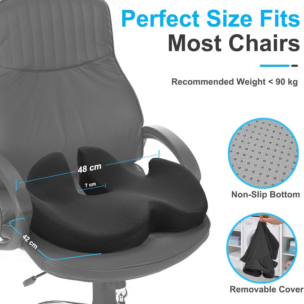FAMKIT Memory Foam Seat Cushion, Pressure Sciatica & Tailbone Pain Relief, Ergonomic Butt Pillow Coccyx Pad Chair Cushions, for Car, Office, Home, Long Sitting, Black