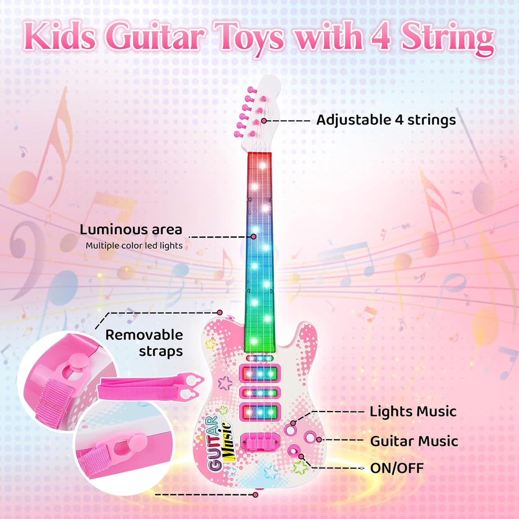Haokaini Musical Guitar and Microphone Set for Kids, Electric Guitar Toys Starter Kit with Adjustable Height Microphone Stand, Music Light Sounds Karaoke Toy for Girls, Boys, Christmas Birthday Gift
