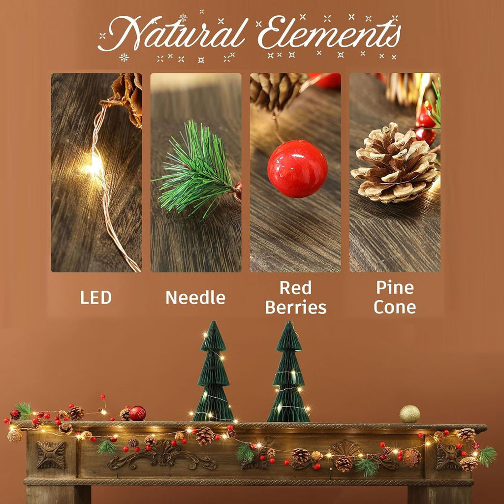 Haokaini Christmas Garland with Lights, 6.56FT Christmas String Lights with Red Berries, Needles, Pine Cones, 20 LED Battery Operated Garland for Christmas Decorations Indoor/Outdoor(Not Included Batteries)