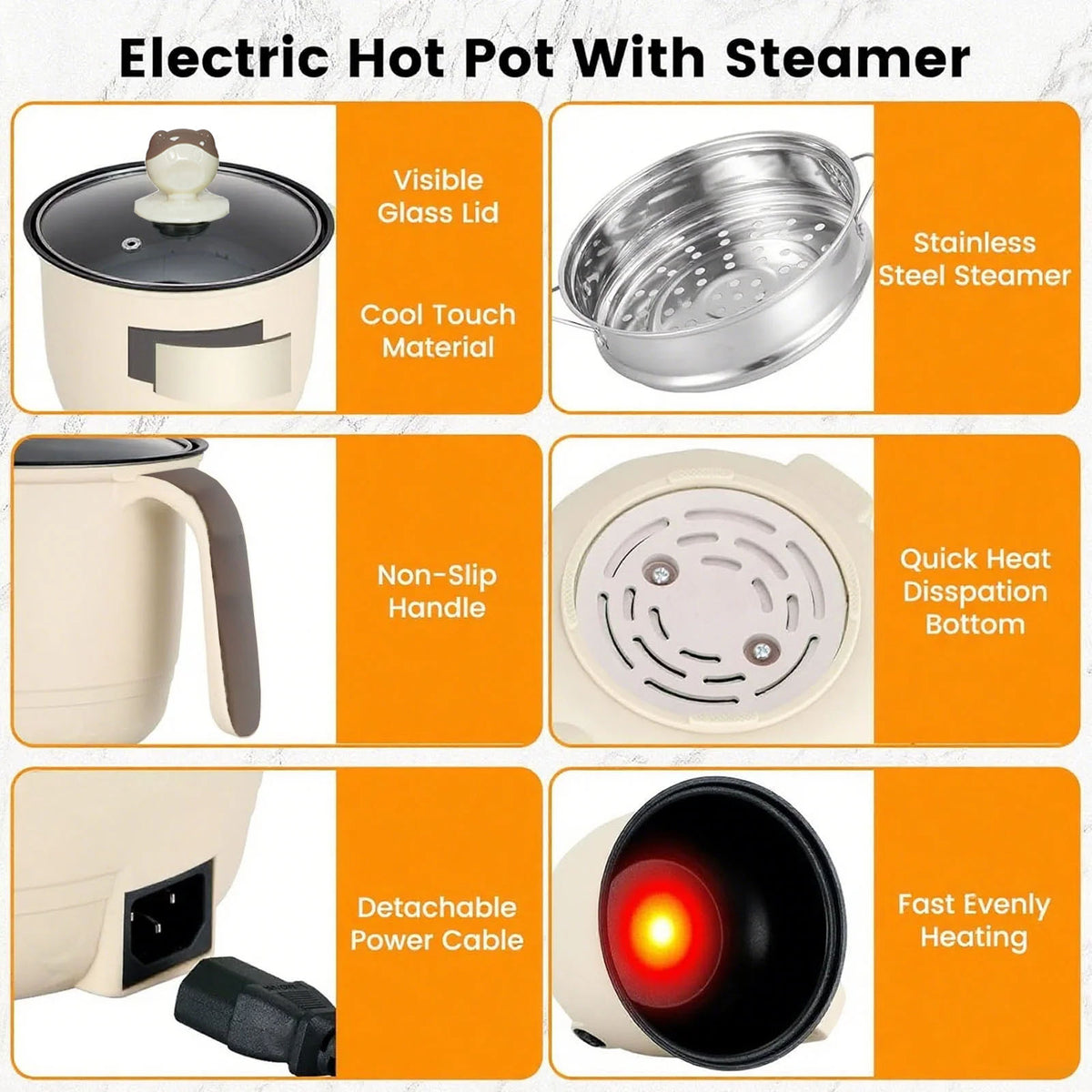 Diceevil 300W Electric Hot Pot with Steamer, 1.8L Portable Electric Cooking Pot, 2 Gear Mini Hot Pot, Travel Cooker, Non-Stick Pan Skillet Pot, Ramen Cooker Lazy Pot for Dorm, Families, Apartments, Hotel