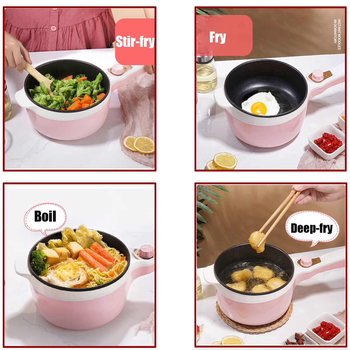 FAMKIT 1.8L Electric Cooking Pot, 2 Power Electric Hot Pot with Steamer, Portable Multifunctional Non-Stick Pan, Mini Hot Pot Noodles Travel Cooker for Dorm, Home, Apartments, Hotel, Pink