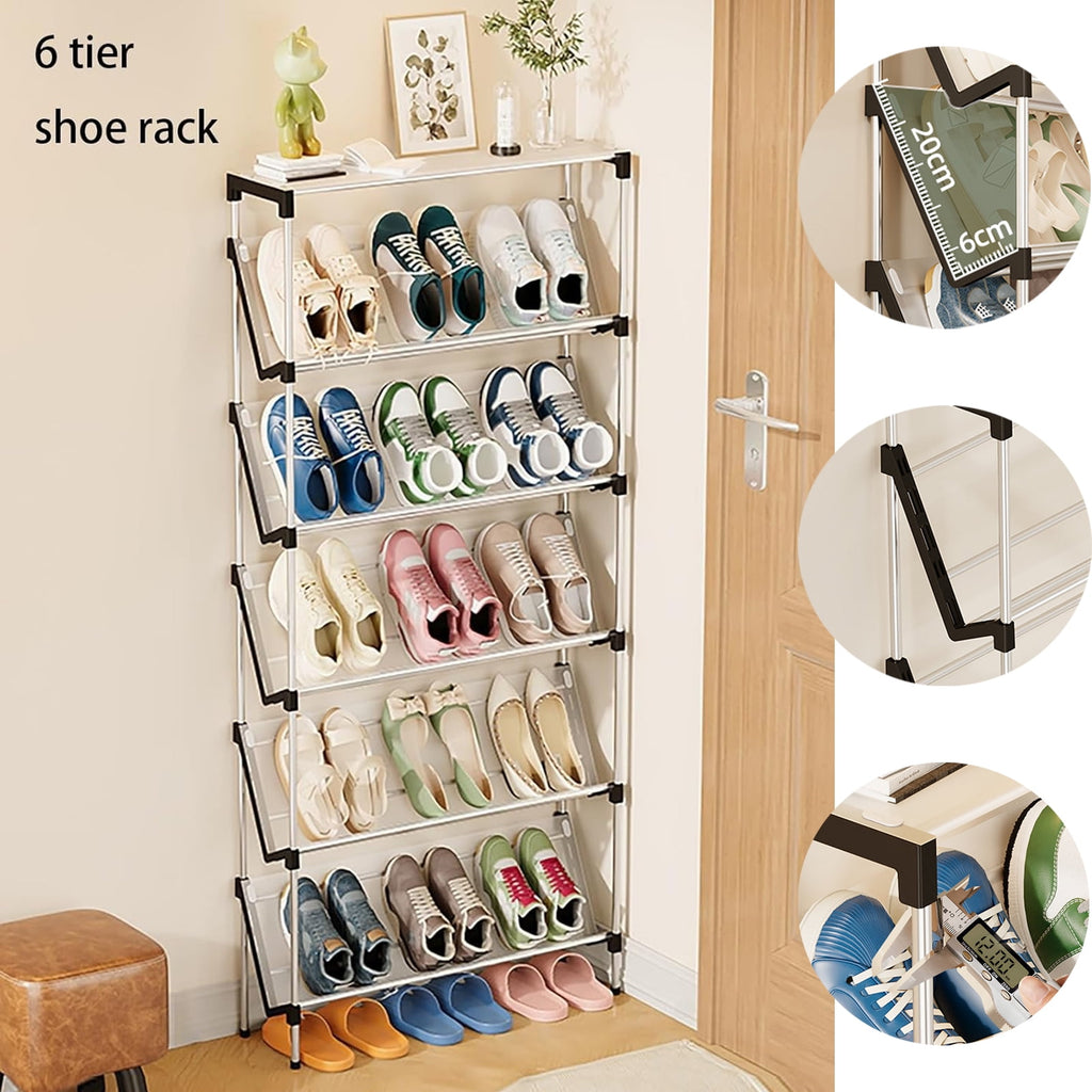 OhhGo Narrow Shoe Rack for Entrance, 6 Tiers Shoe Racks Tilted Shoe Rack Organizer with 5 Slanted Shelves for Closet Floor Entryway Hallway, Holds 18 Pairs Multifunctional Front Door Shoe Rack, 66cm/25.9‘’