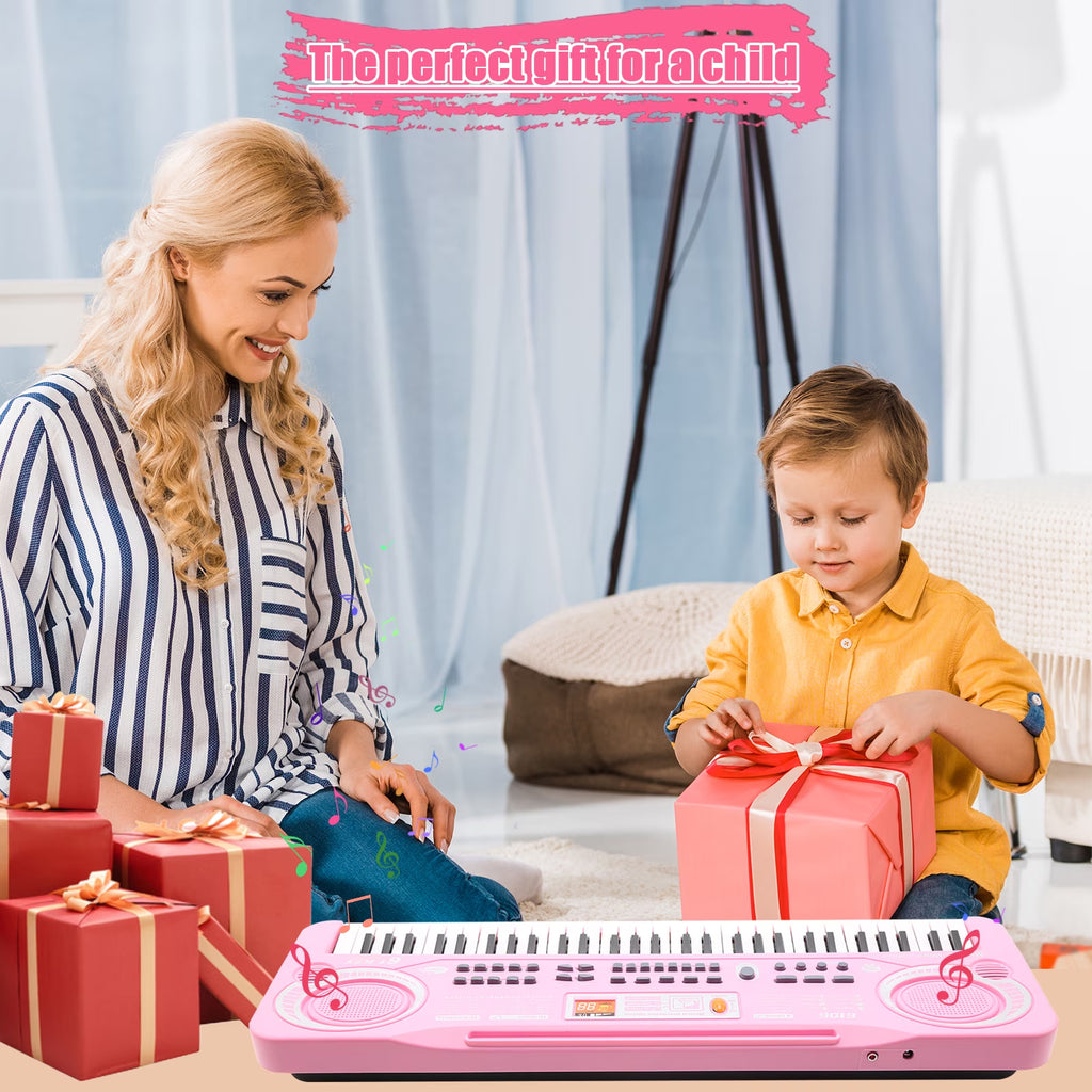 Haokaini Electronic Kids Piano Keyboard, 61 Keys Music Keyboard with Microphone, Kids Musical Educational Instrument, Portable Electronic Piano for Beginners Girls And Boys, Pink