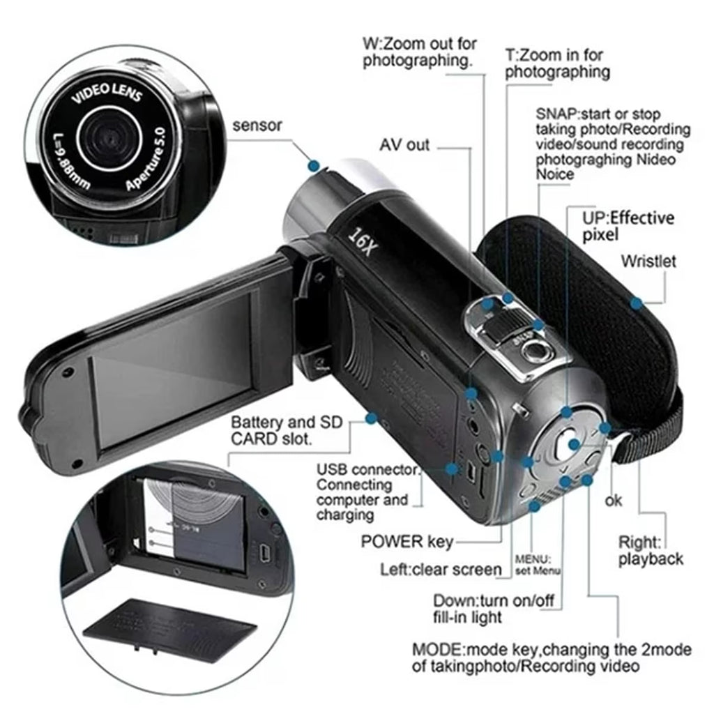 FAMKIT Portable Full HD 1080P High Definition Digital Video Camera, DV Camcorder Camera Recorder with Mic & Speaker, 16MP 2.7 Inch Colourful LCD Display Screen 16X Digital Zoom Digital Camera