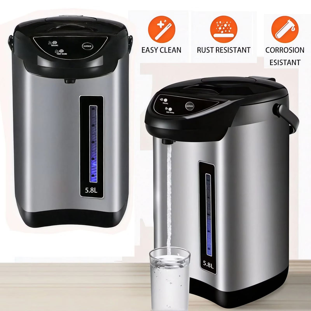 FAMKIT 5.8L Hybrid Water Boiler and Warmer, Stainless Steel Electric Hot Water Pot with 3 Modes, Electric Hot Pot Kettle Hot Water Dispenser, Electric Thermos for Coffee & Tea, Black