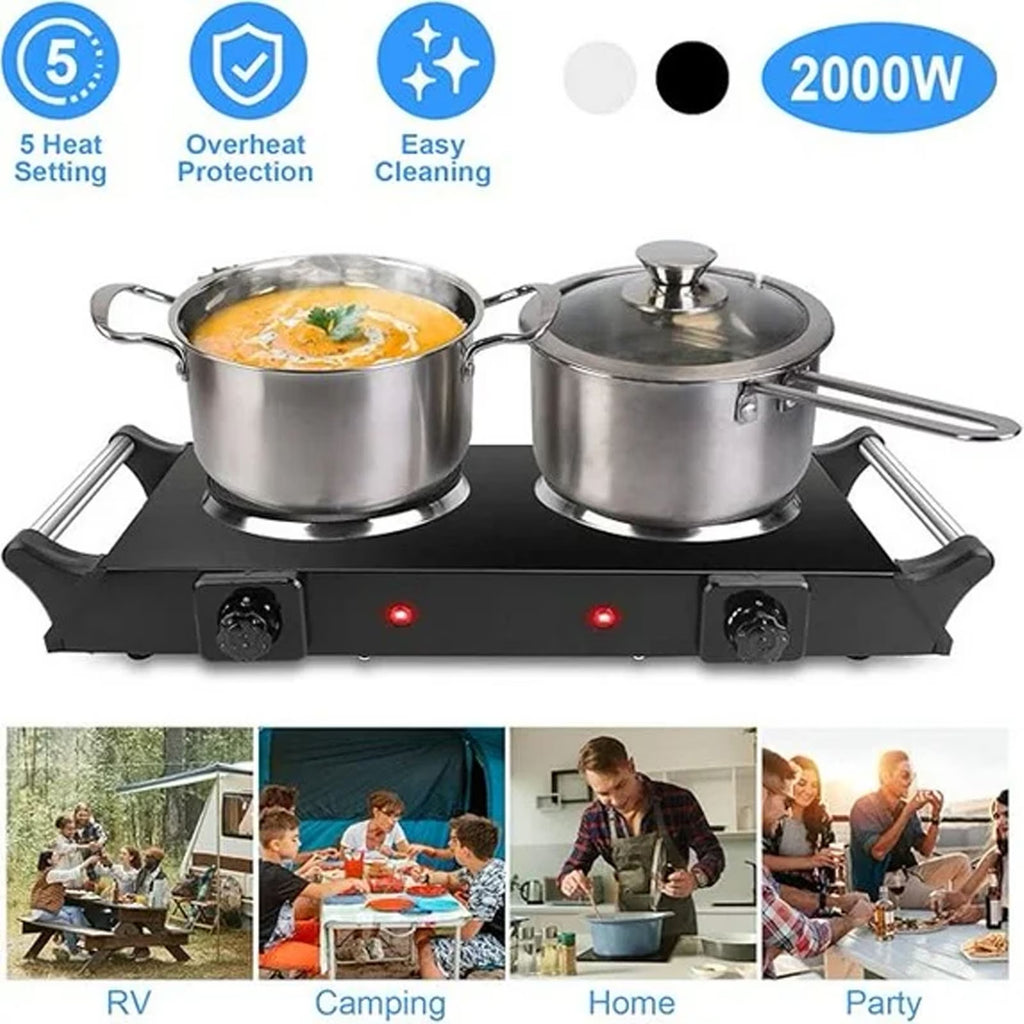 Haokaini Double Countertop Burner, 2000W Electric Hot Plate and Stove with 5 Temperature Controls, Portable Lightweight Burner Cooktop for Cooking, Dorms, Apartments, RV, Compatible Cookware, Black