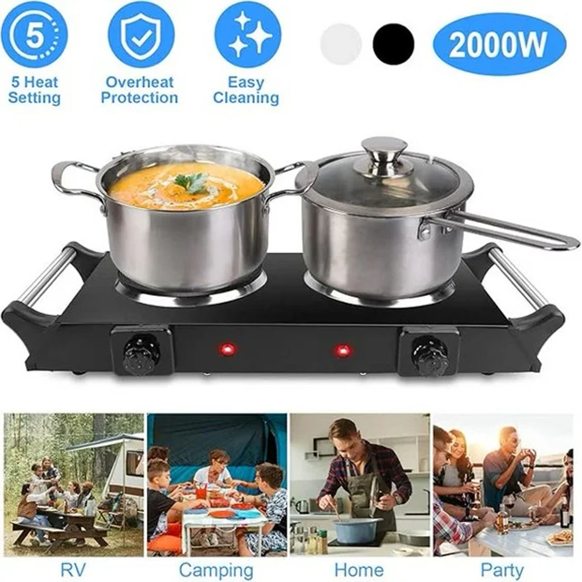 Haokaini Double Countertop Burner, 2000W Electric Hot Plate and Stove with 5 Temperature Controls, Portable Lightweight Burner Cooktop for Cooking, Dorms, Apartments, RV, Compatible Cookware, Black