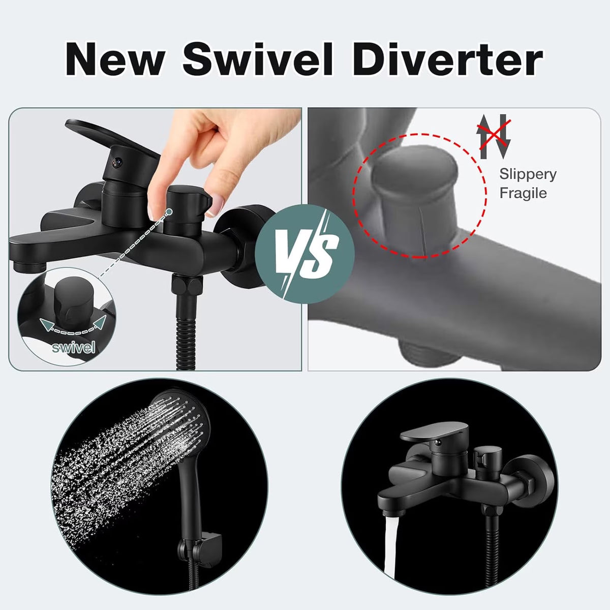 Diceevil Matte Black Bathtub Faucet with Hand Shower Sprayer, Single Handle Shower Mixer Tap with 1.5m Hose, Center Bathroom Tub Faucet, Bathtub Mixer Tap with Shower Head 3 Functions, Bath Fittings Set