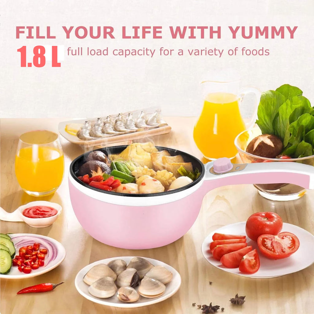FAMKIT 1.8L Electric Cooking Pot, 2 Power Electric Hot Pot with Steamer, Portable Multifunctional Non-Stick Pan, Mini Hot Pot Noodles Travel Cooker for Dorm, Home, Apartments, Hotel, Pink