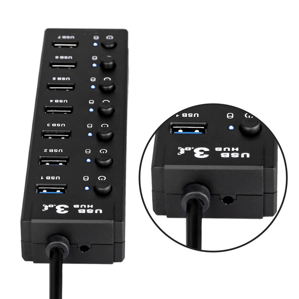 FAMKIT 7-Port Powered USB Hub 3.0, USB Data Hub Adapter with Smart Charging Port and Individual Switches and 5V/2A Power Adapter USB Extension for MacBook