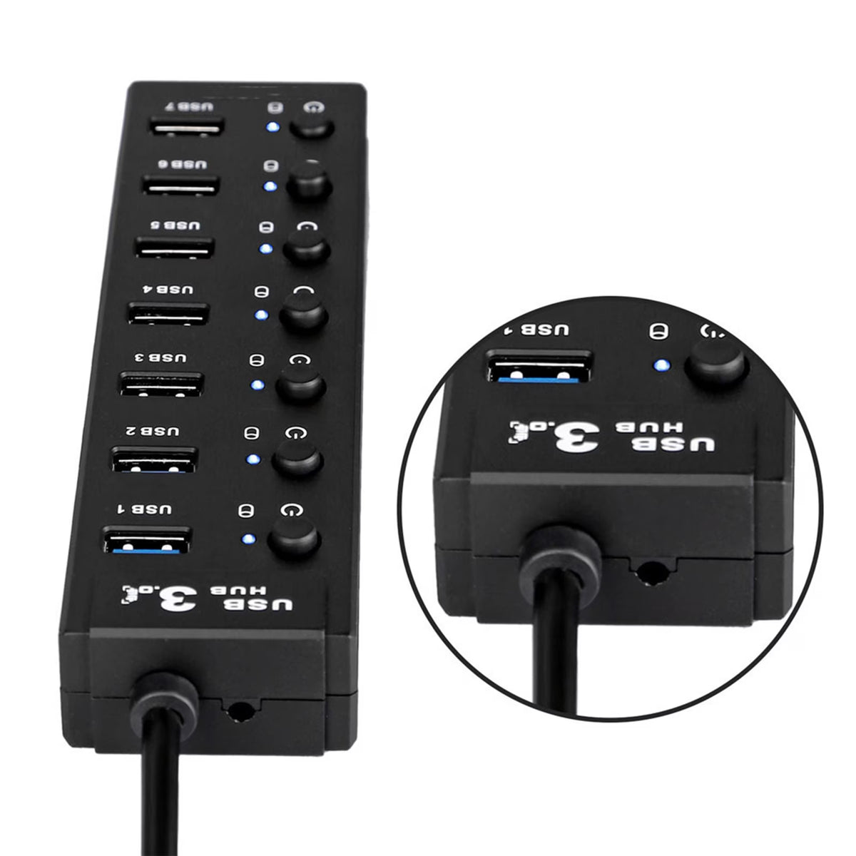 FAMKIT 7-Port Powered USB Hub 3.0, USB Data Hub Adapter with Smart Charging Port and Individual Switches and 5V/2A Power Adapter USB Extension for MacBook