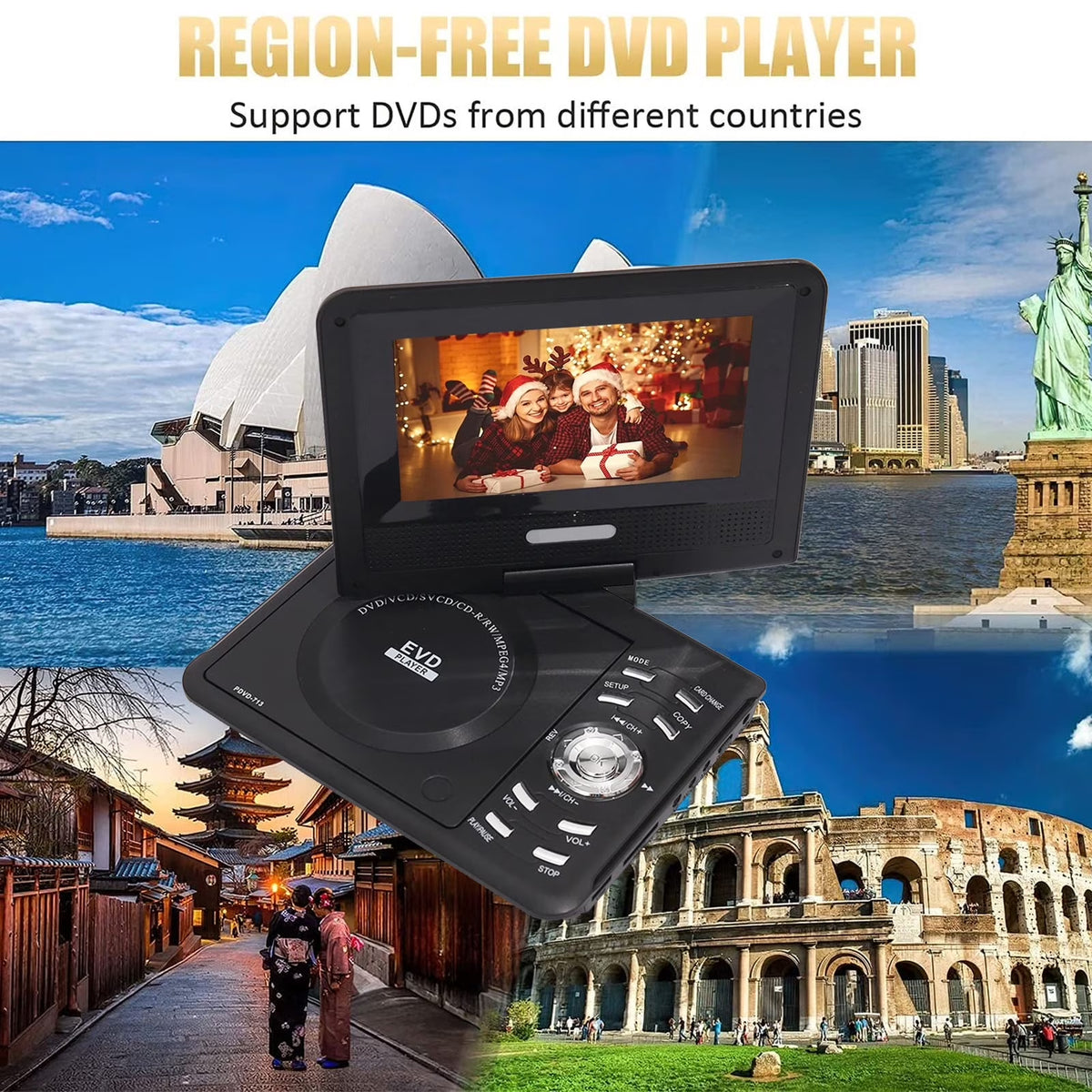 FAMKIT 7.8" Portable DVD Player, 6.8" HD Swivel Display Screen CD Player, Rechargeable Car DVD Player Support CD/DVD/SD Card/USB/Game Function, Personal DVD Player for Kids&Car Travel, Black