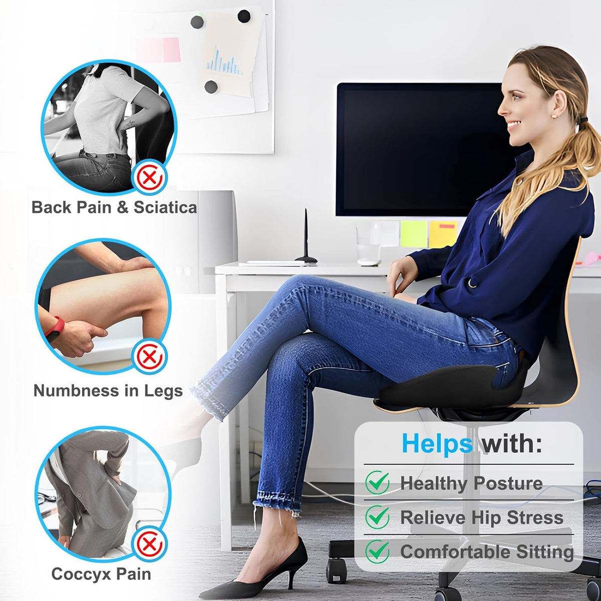 FAMKIT Memory Foam Seat Cushion, Pressure Sciatica & Tailbone Pain Relief, Ergonomic Butt Pillow Coccyx Pad Chair Cushions, for Car, Office, Home, Long Sitting, Black