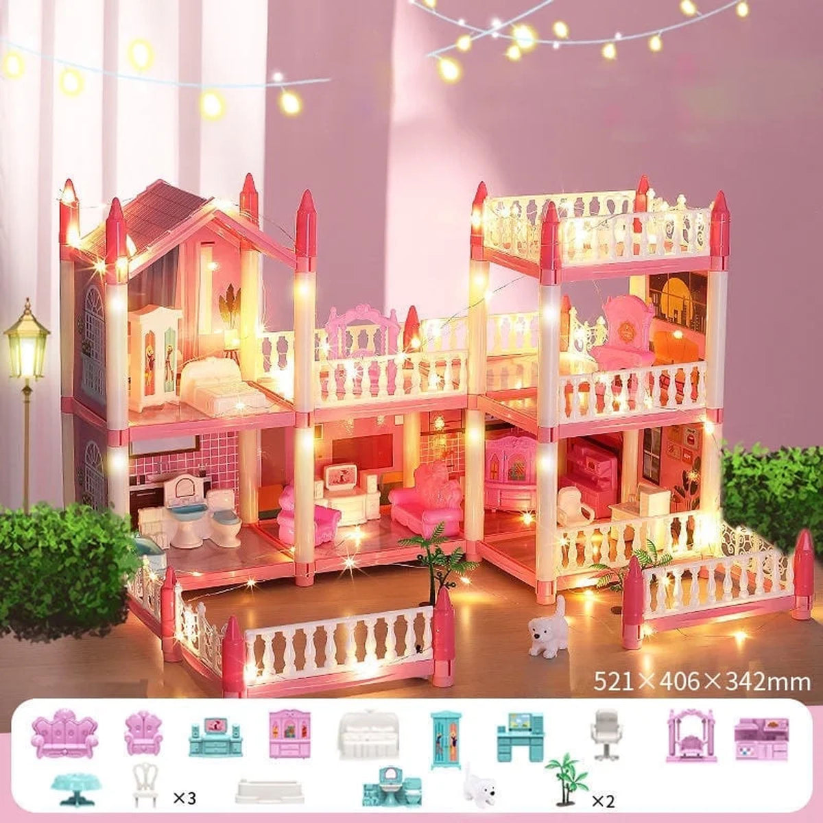 Haokaini Dollhouse with 2 Story 6 Rooms, DIY Pretend Play Building Playset, Kids Playhouse Asseccories and Furniture with LED Light, Dream Gift Princess Doll House Toy for 3 4 5 6 7 8 9 Girls Gift, Pink