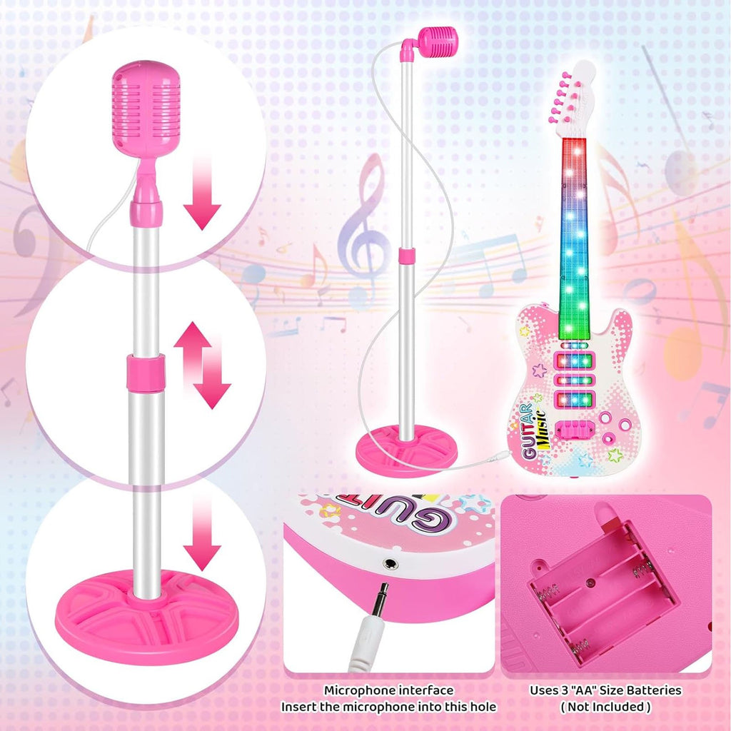 Haokaini Musical Guitar and Microphone Set for Kids, Electric Guitar Toys Starter Kit with Adjustable Height Microphone Stand, Music Light Sounds Karaoke Toy for Girls, Boys, Christmas Birthday Gift