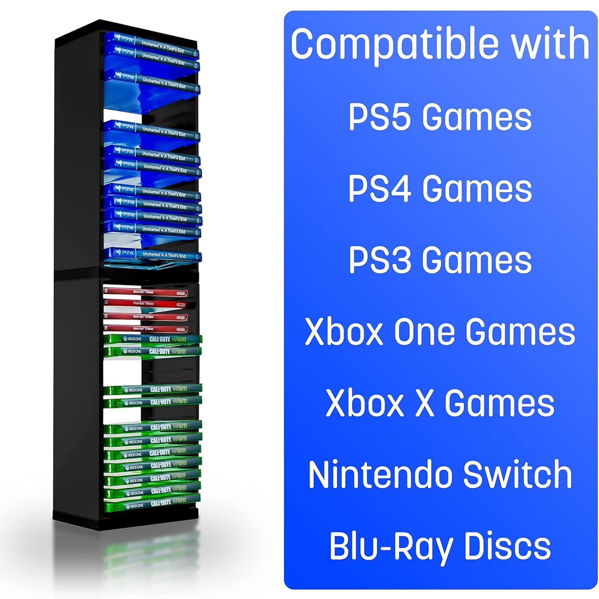 FAMKIT Game Storage Stand Tower for PS5/ PS4/ PS3/ Xbox Series S, Universal Game Disc Holder Vertical Stand Organizer Tower, Hold 36pcs Video Game Discs, Black