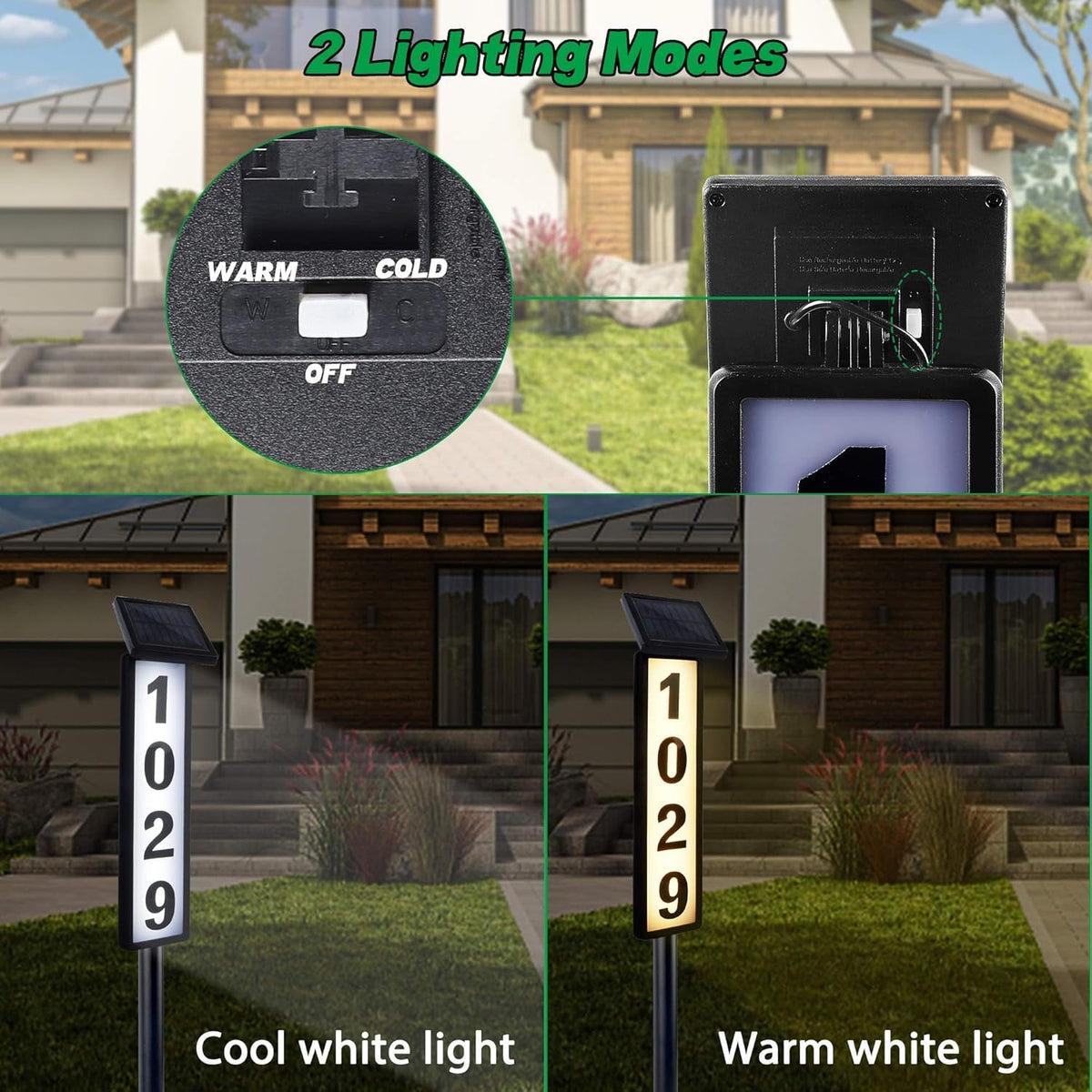 OhhGo Solar Address Sign, House Numbers for Outside Rechargeable LED Illuminated Lighted Address Signs with Waterproof Cover Mailbox Numbers Plaque for Street Yard Garden Driveway