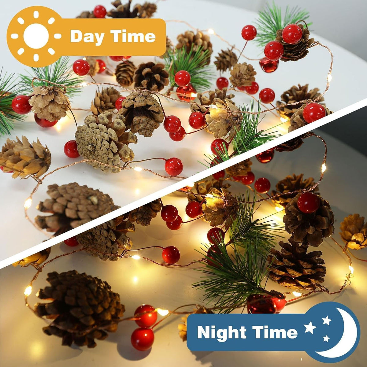 Haokaini Christmas Garland with Lights, 6.56FT Christmas String Lights with Red Berries, Needles, Pine Cones, 20 LED Battery Operated Garland for Christmas Decorations Indoor/Outdoor(Not Included Batteries)