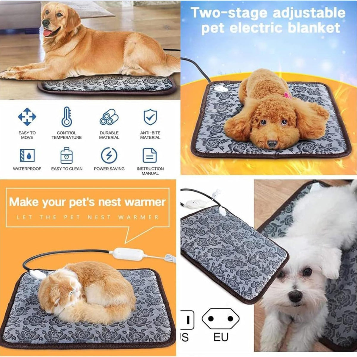 OhhGo Pet Heating Pad Mat, Electric Heating Pad for Dogs and Cats, Adjustable Heated Cat Bed Waterproof Smart Thermostat Switch, Puppy Whelping Warm Pads Blanket, Gray, 18x18 in