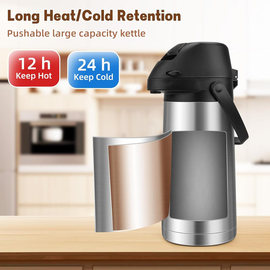 OhhGo Thermal Coffee Carafe with Pump, 64OZ/1.9L Stainless Steel Coffee Dispenser for Keeping Hot - Large Airpot Coffee Thermos, Leakproof Hot Water Beverage Dispenser for Hot Drinks Tea Liquid