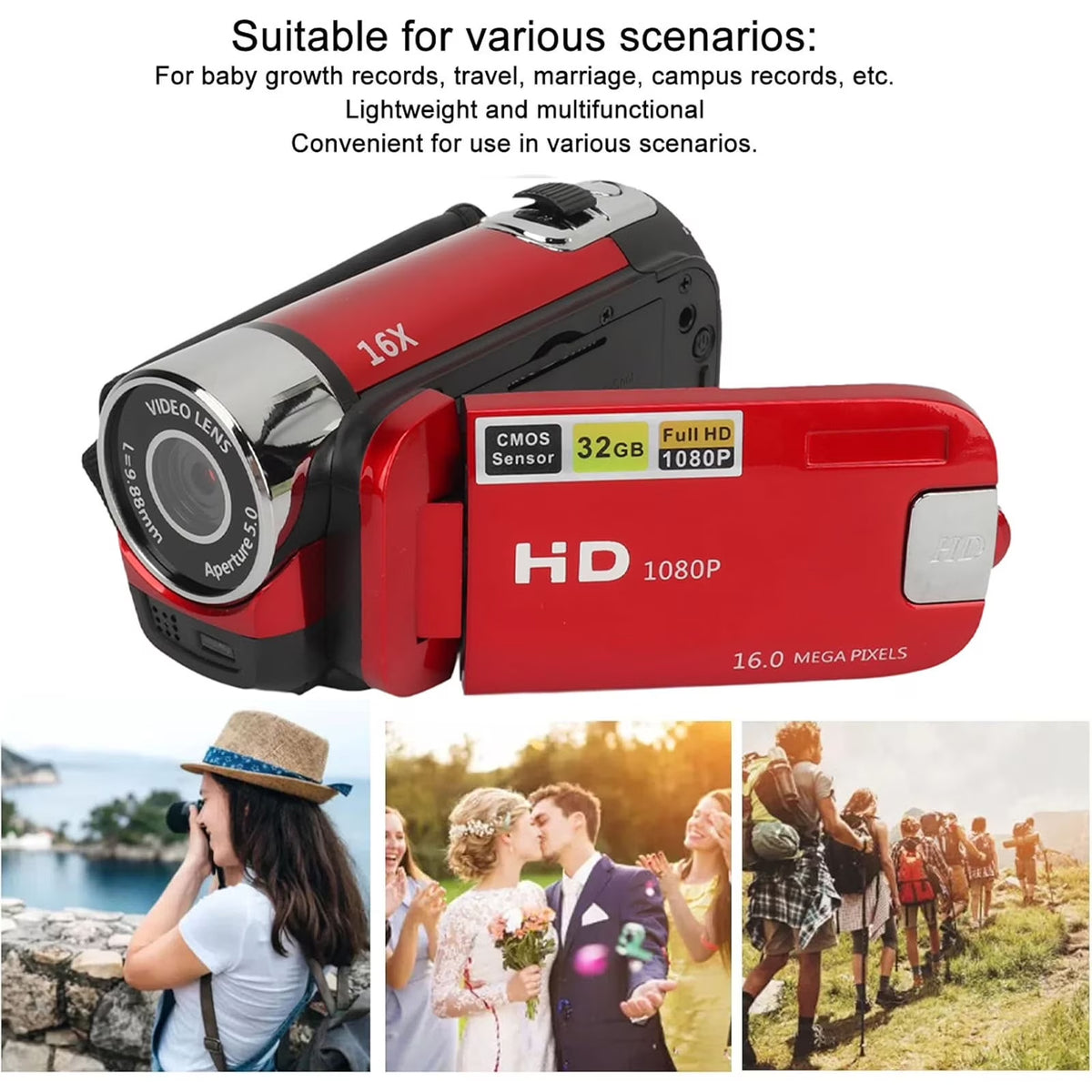 FAMKIT Portable Full HD 1080P High Definition Digital Video Camera, DV Camcorder Camera Recorder, 16MP 2.7 Inch LCD Screen 16X Digital Zoom, 270° Rotation, Red