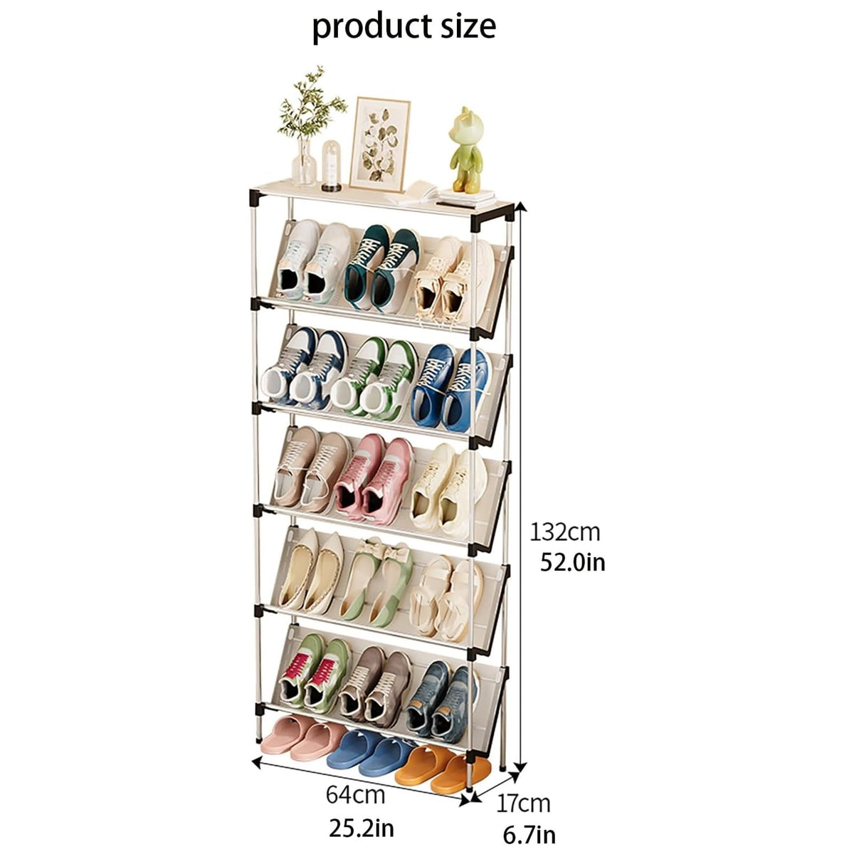 OhhGo Narrow Shoe Rack for Entrance, 6 Tiers Shoe Racks Tilted Shoe Rack Organizer with 5 Slanted Shelves for Closet Floor Entryway Hallway, Holds 18 Pairs Multifunctional Front Door Shoe Rack, 66cm/25.9‘’