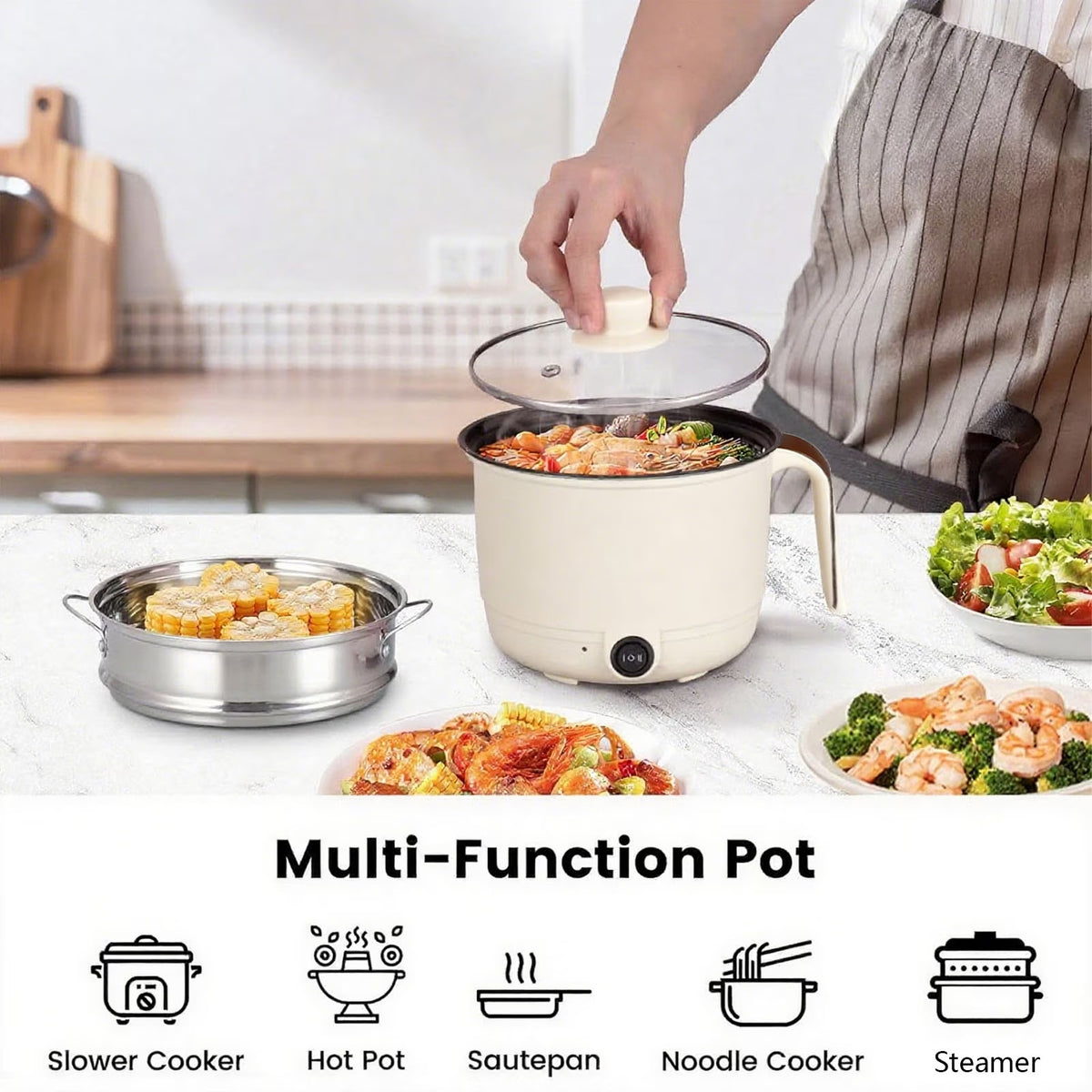Diceevil 300W Electric Hot Pot with Steamer, 1.8L Portable Electric Cooking Pot, 2 Gear Mini Hot Pot, Travel Cooker, Non-Stick Pan Skillet Pot, Ramen Cooker Lazy Pot for Dorm, Families, Apartments, Hotel