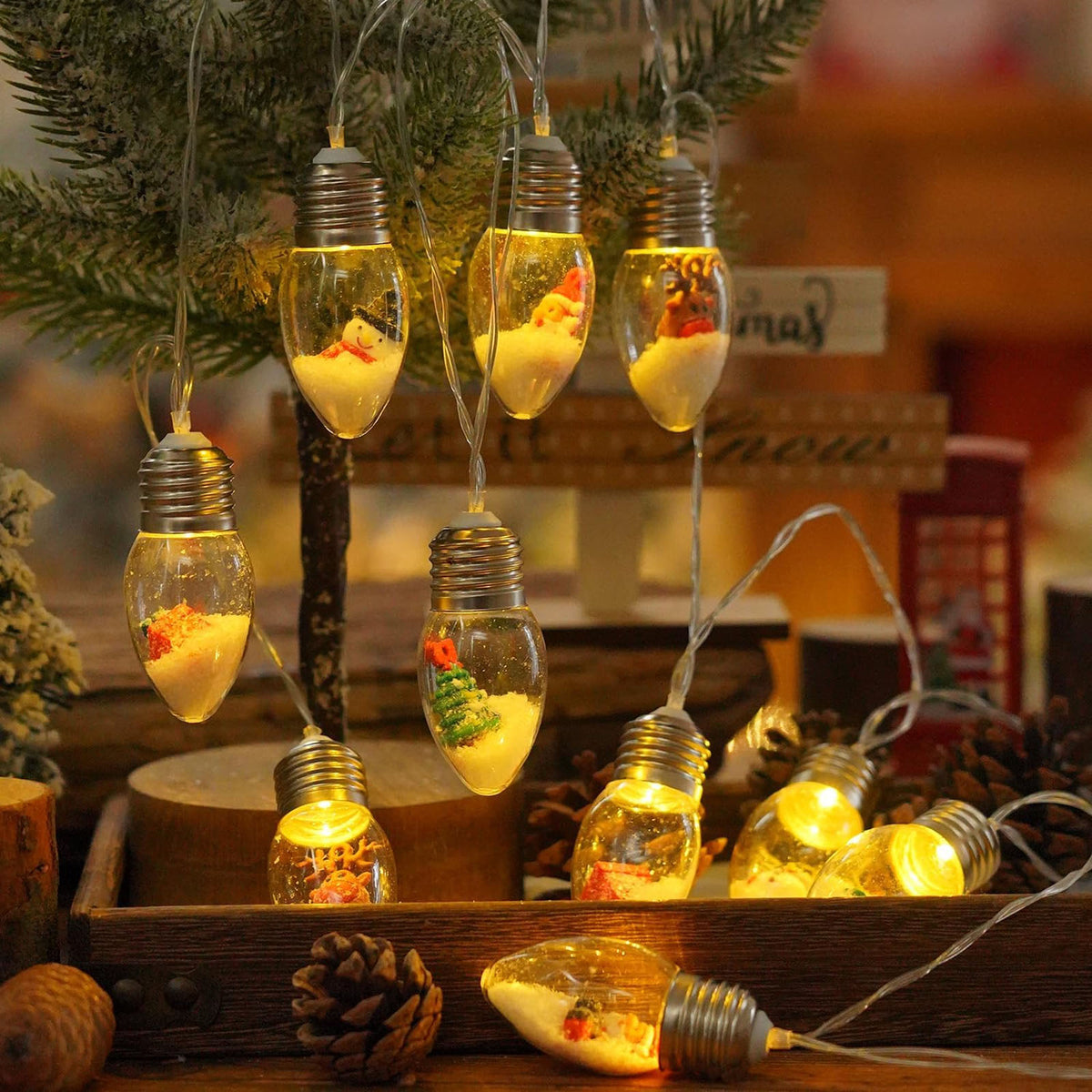 Diceevil Christmas Snow Globe String Lights Indoor Decorations, 10 LED Clear Bulbs Christmas Tree String Lights with Dolls, Christmas Lights for Home Patio Fireplace Bedroom Party Christmas Decor, 6.6ft