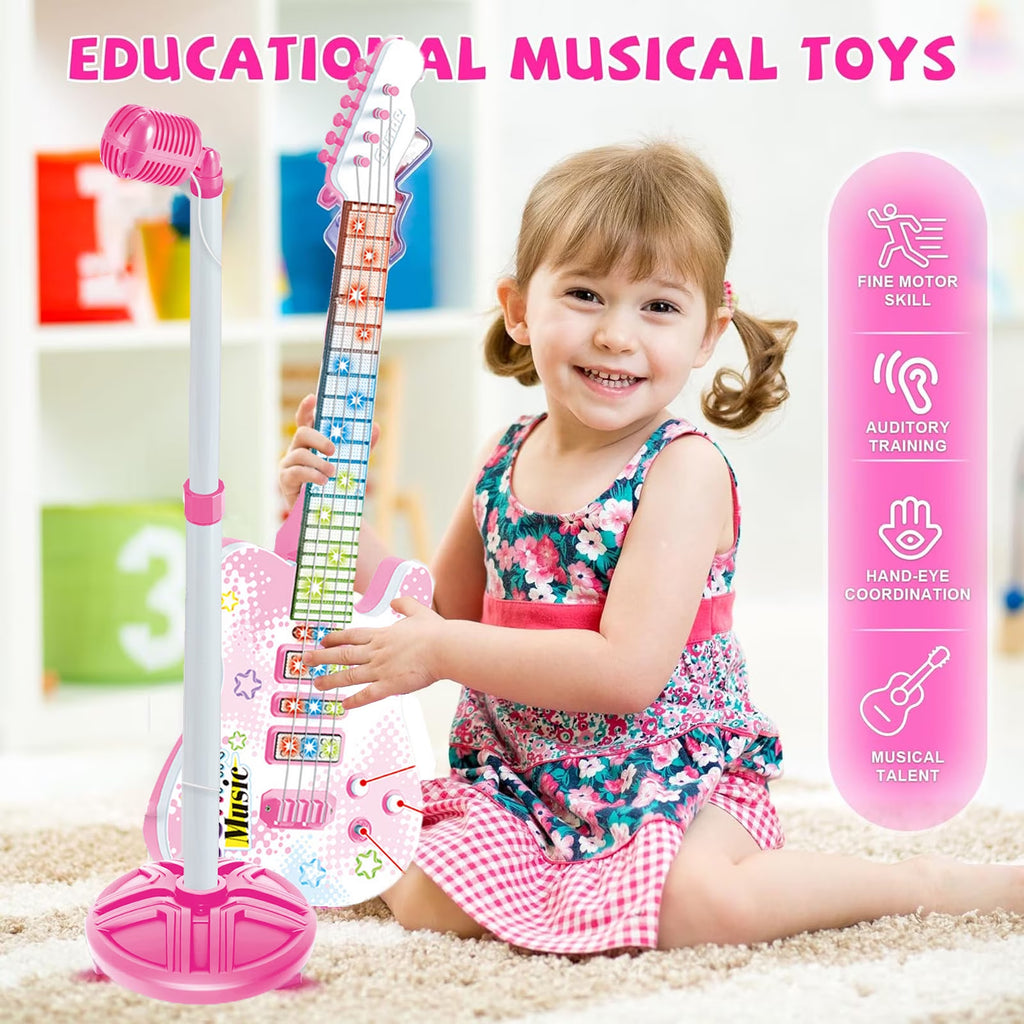 Haokaini Musical Guitar and Microphone Set for Kids, Electric Guitar Toys Starter Kit with Adjustable Height Microphone Stand, Music Light Sounds Karaoke Toy for Girls, Boys, Christmas Birthday Gift