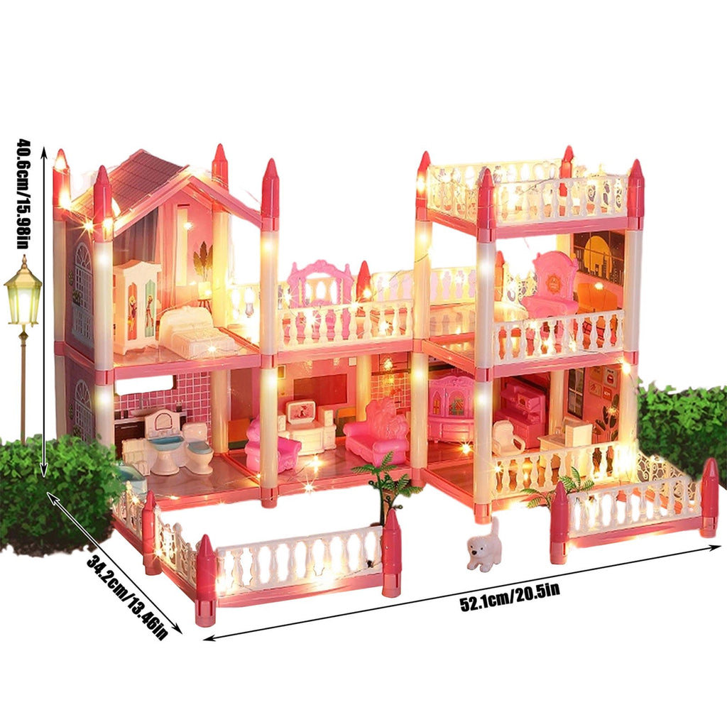 Haokaini Dollhouse with 2 Story 6 Rooms, DIY Pretend Play Building Playset, Kids Playhouse Asseccories and Furniture with LED Light, Dream Gift Princess Doll House Toy for 3 4 5 6 7 8 9 Girls Gift, Pink