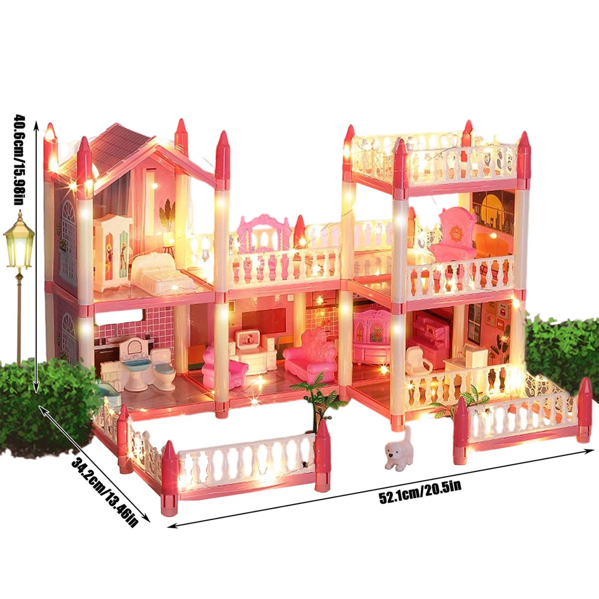 Haokaini Dollhouse with 2 Story 6 Rooms, DIY Pretend Play Building Playset, Kids Playhouse Asseccories and Furniture with LED Light, Dream Gift Princess Doll House Toy for 3 4 5 6 7 8 9 Girls Gift, Pink