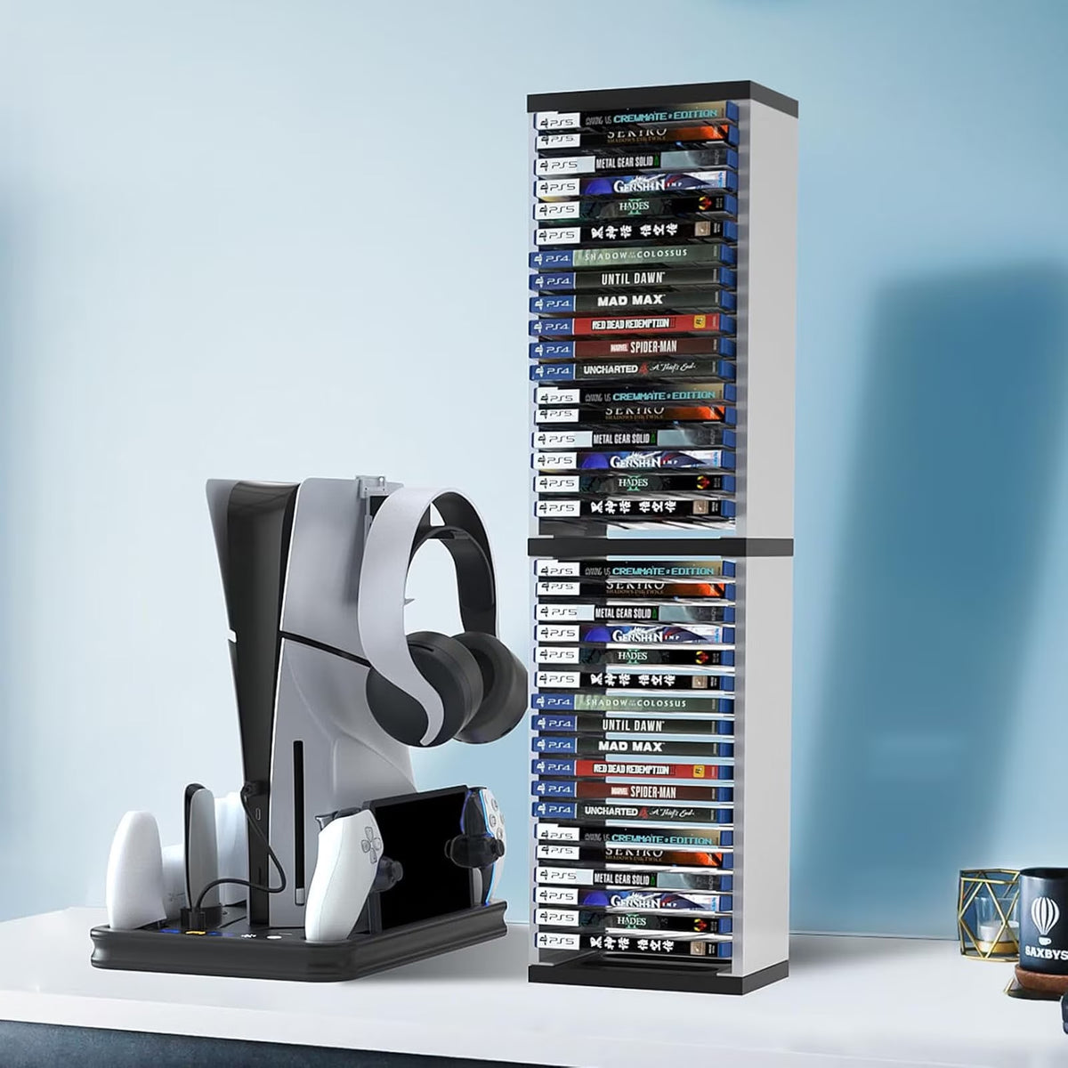 FAMKIT Video Game Storage Stand Tower for PS5/ PS4/ PS3/ Xbox Series, Universal Game Disc Holder Rack Vertical Stand Blu Ray Case Organizer, Game Storage Tower Hold 36pcs Video Game Discs