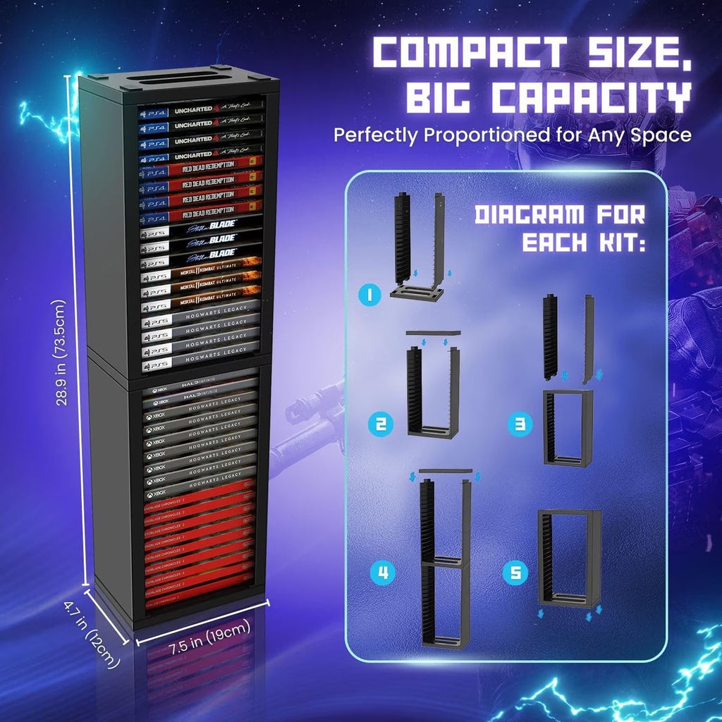 Haokaini Video Game Storage Tower for PS5/ PS4/ PS3/ Xbox Series S & X/Xbox one Game, Universal Game Holder Rack, Vertical Blu Ray Case Organizer Stand, Stores 36 Games Disk or Blu-Ray Disks, Black