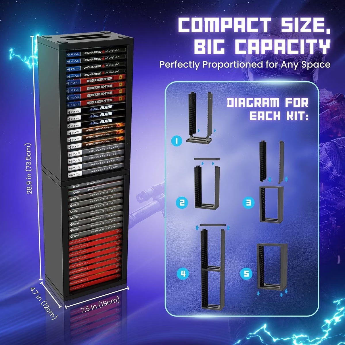 Haokaini Video Game Storage Tower for PS5/ PS4/ PS3/ Xbox Series S & X/Xbox one Game, Universal Game Holder Rack, Vertical Blu Ray Case Organizer Stand, Stores 36 Games Disk or Blu-Ray Disks, Black
