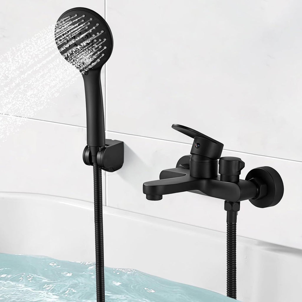 Diceevil Matte Black Bathtub Faucet with Hand Shower Sprayer, Single Handle Shower Mixer Tap with 1.5m Hose, Center Bathroom Tub Faucet, Bathtub Mixer Tap with Shower Head 3 Functions, Bath Fittings Set