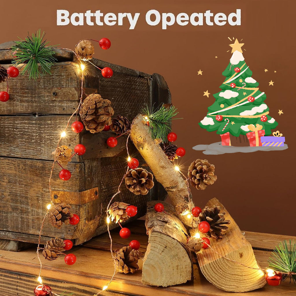 Haokaini Christmas Garland with Lights, 6.56FT Christmas String Lights with Red Berries, Needles, Pine Cones, 20 LED Battery Operated Garland for Christmas Decorations Indoor/Outdoor(Not Included Batteries)
