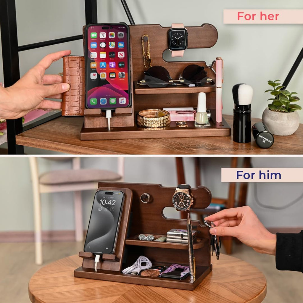 Jowenia Wood Phone Docking Station, Nightstand Key Holder Stand Watch Organizer for Men Gift, Hand Crafted for Dad Mens Organizer Station (Brown)