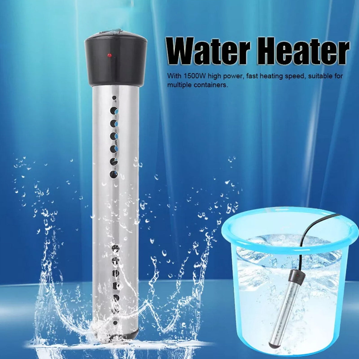 OhhGo Immersion Water Heater, 1500W Electric Bucket Heater Stainless-Steel Portable Submersible Water Heater for Inflatable Pool Bathtub, Basin