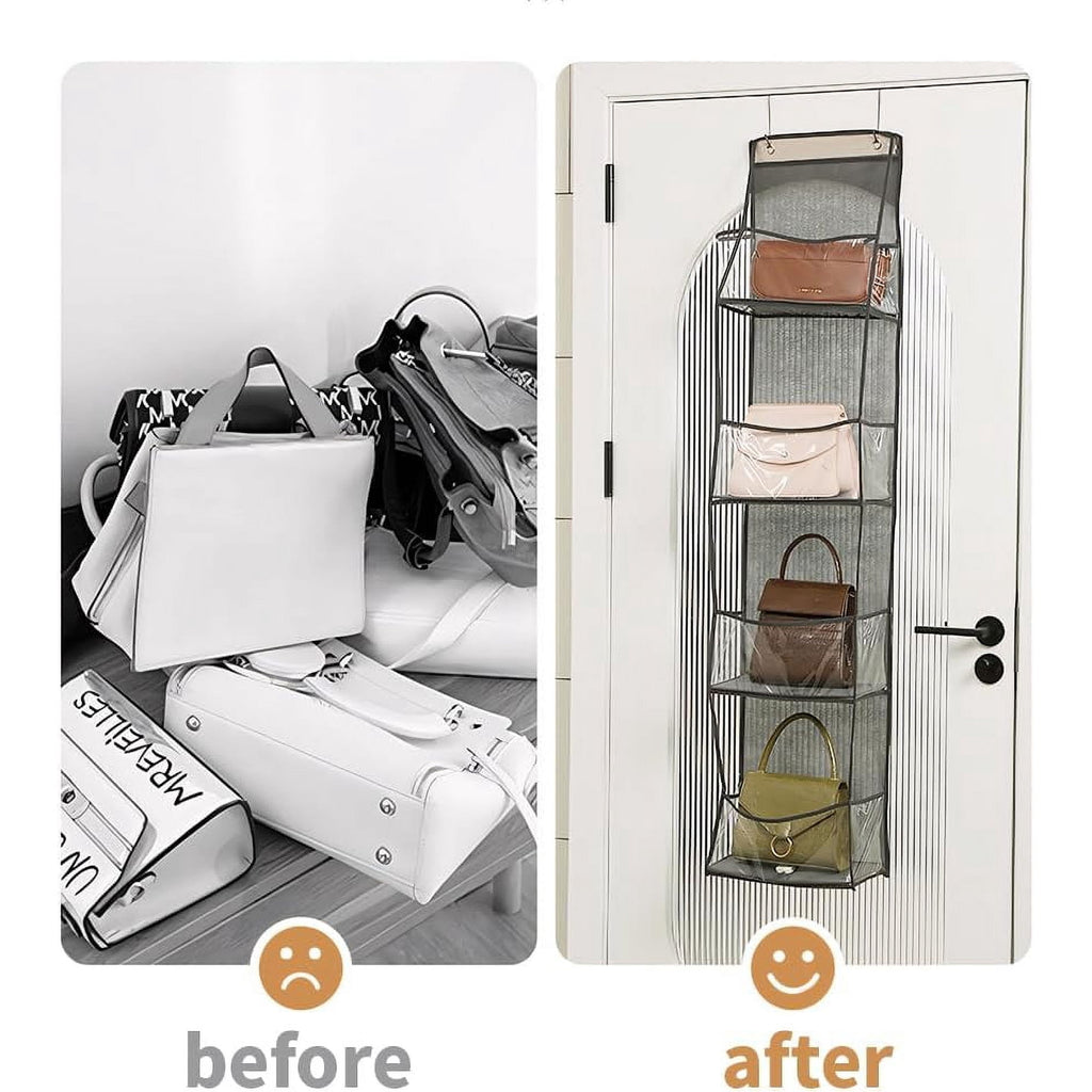 OhhGo Over The Door Hanging Pantry Organizer 4-Shelf Behind The Door Storage Organizer with Clear Plastic Pockets Large Capacity for Closet Bedroom Bathroom (Grey)