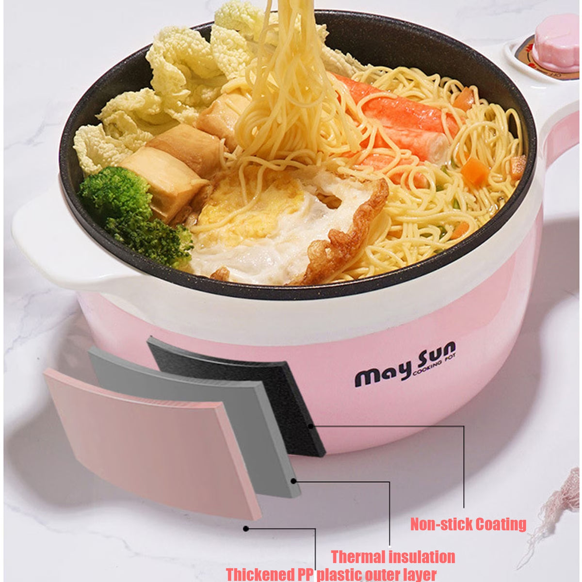 FAMKIT 1.8L Electric Cooking Pot, 2 Power Electric Hot Pot with Steamer, Portable Multifunctional Non-Stick Pan, Mini Hot Pot Noodles Travel Cooker for Dorm, Home, Apartments, Hotel, Pink