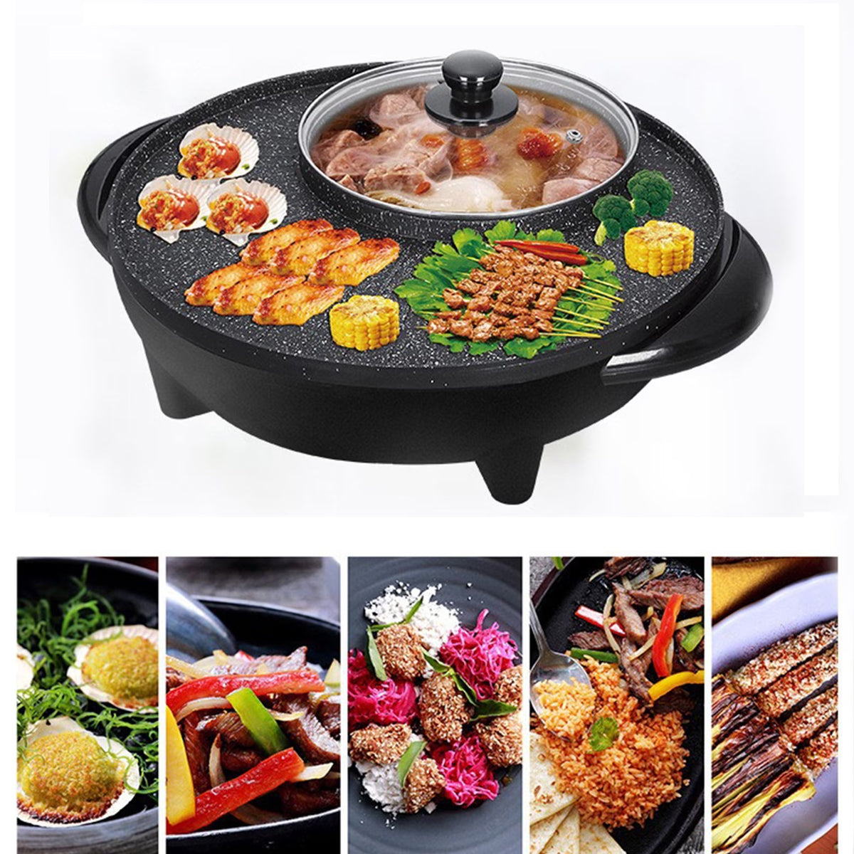 FAMKIT Electric Hot Pot and Grill Combo, 110V Hot Pot with Grill 2 in 1, Multifunctional Smokeless Korean Barbecue Grill, Capacity for 3-5 People, Suitable for Korean BBQ, Shabu and Soup