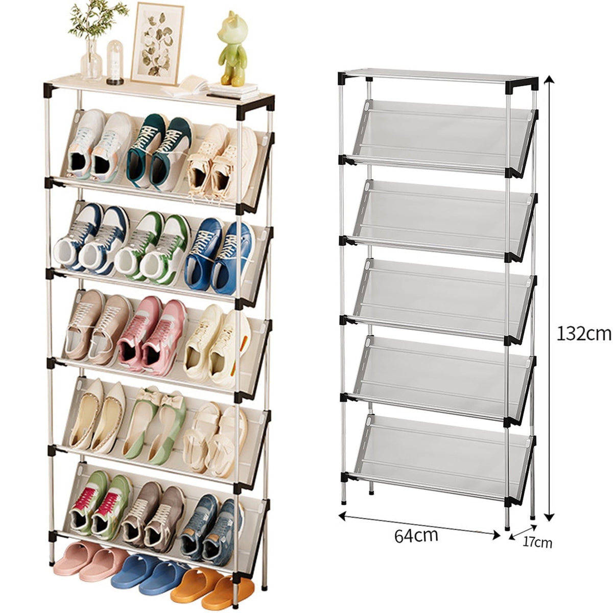 OhhGo Narrow Shoe Rack for Entrance, 6 Tiers Shoe Racks Tilted Shoe Rack Organizer with 5 Slanted Shelves for Closet Floor Entryway Hallway, Holds 18 Pairs Multifunctional Front Door Shoe Rack, 66cm/25.9‘’