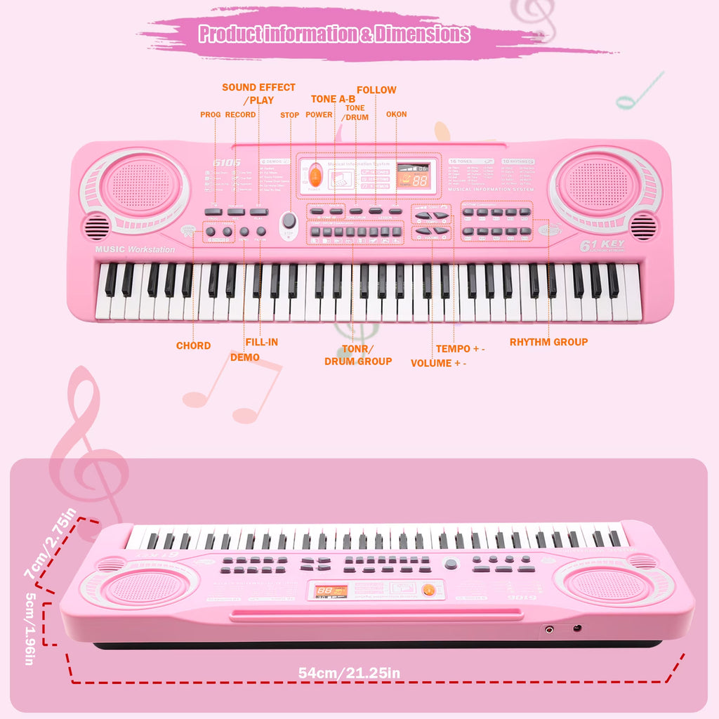 Haokaini Electronic Kids Piano Keyboard, 61 Keys Music Keyboard with Microphone, Kids Musical Educational Instrument, Portable Electronic Piano for Beginners Girls And Boys, Pink
